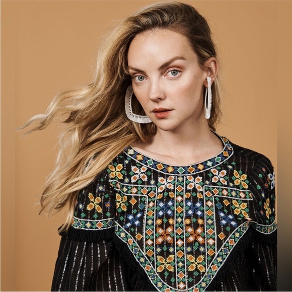 Zara Embroidered Sheer Boho Blouse Fringe Trim Bell Sleeves Festival Black M - Picture 4 of 15